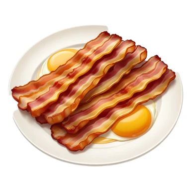 Cinematic crispy sizzling bacon, slightly curled, golden-brown with a perfect crunch, glistening with rich flavor, deep warm tones, served on a breakfast plate, comforting and indulgent. sticker