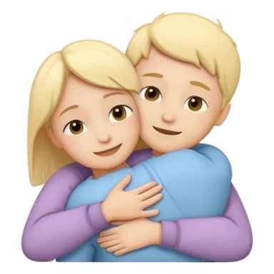 two simplified human characters hugging each other warmly, showing emotional support and friendship, gentle smiles, calm and safe mood, flat custom emoji sticker, soft pastel colors, rounded shapes, minimal details, mental health theme, thick outline, white background, no text sticker