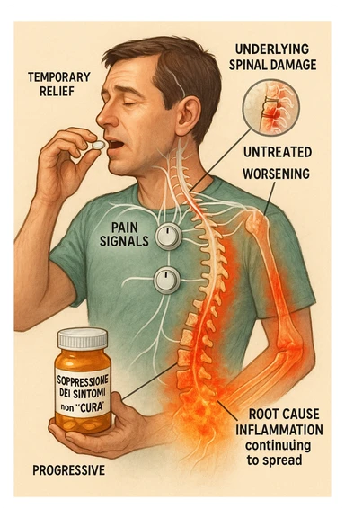 Man taking pain medication for chronic back pain, pills shown as dimmer switches turning down pain signals in transparent nervous system overlay, underlying spinal damage remaining completely untreated and worsening, expression of temporary relief masking progressive deterioration, medication bottle labeled 'symptom suppression' not 'cure', root cause inflammation continuing to spread in italiano sticker