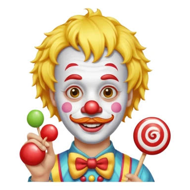 Funny clown — yellow wig, mustache, candy in hand sticker
