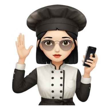 ["A sad woman with light skin, straight hair, wearing a chef hat and sunglasses, dressed in K-pop fashion, is dancing while holding a phone."] sticker