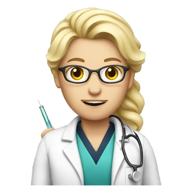 a blond doctor with a syringe sticker