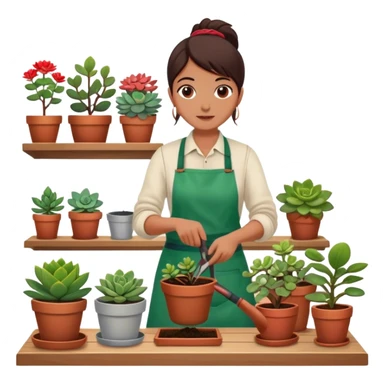 Close-up of a person planting a sapling in a pot. Around, potted plants and succulents with vibrant leaves and flowers. Sunlight filters through the window, casting soft shadows. Cozy indoor space with gardening tools on a wooden table. sticker