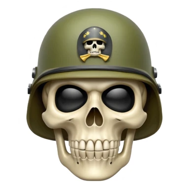 A bold emoji-style skull sushing wearing a realistic army helmet, . Clean vector style, high contrast, centered composition, modern emoji aesthetic, detailed helmet texture, confident and intense expression, 3D glossy finish, high resolution , no body , sticker