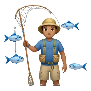 A Polynesian fisherman standing in the water with a net full of fish. The fisherman has empty hands and is standing in the water. sticker