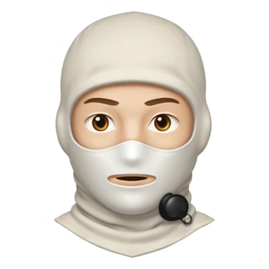 head of a white guy with brown eyes wearing a white balaclava, with a serious expression sticker
