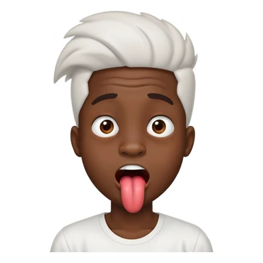 A black boy with Freeform’s with a white shirt on with his tounge out and his face making a funny face with a big nose sticker