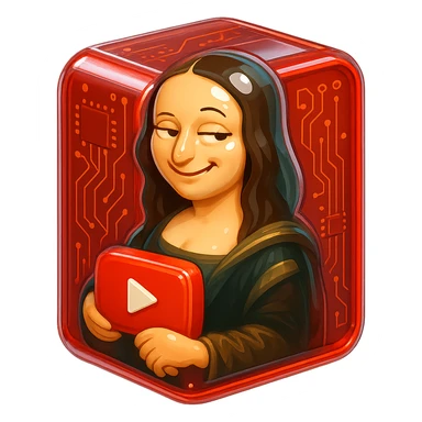 Mona Lisa with a playful sarcastic smile, holding a red YouTube play button, in a shiny red glossy circuit style box sticker