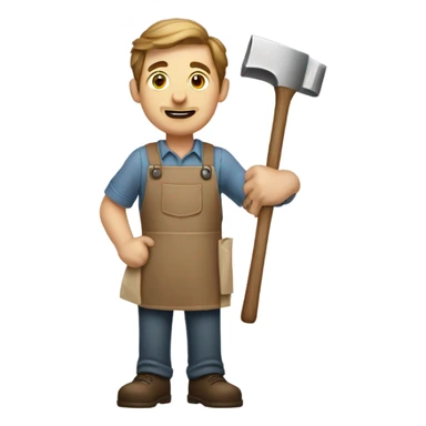 "A sturdy man with rough hands, short light brown hair, and a friendly, naive expression. He wears a work apron over simple clothes and holds a hammer or wood in a rustic workshop." sticker