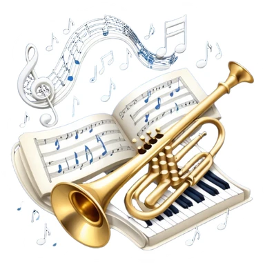 Create an elegant and refined emoji that represents orchestration and arrangement. The design should feature a musical score or sheet music with various orchestral instruments like a violin, a trumpet, and a grand piano subtly integrated into the composition. Add a conductor's baton, symbolizing the guiding hand of orchestration, and flowing musical notes that move between the instruments. Use rich, classic colors like gold, silver, and deep blue to evoke the sophistication of orchestral music. The background should be transparent, with a touch of intricate details to represent the complexity of orchestration. sticker