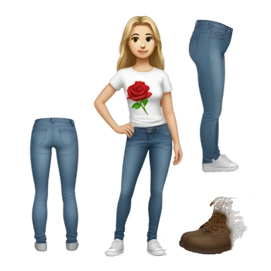 girl full body jeans caucasian tshirt rose sticker
