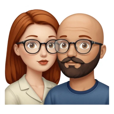 Couple. Bald man with dark brown-black beard. White woman with many small, faded freckles, she has white skin and she has auburn-brown-cinnamon, dark long hair. She has light brown eyes. The man have hazel eyes and glass. She have light eyes. Retro style. She kisses him. sticker