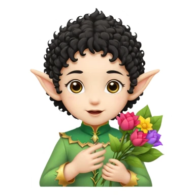 baby elf black curly hair with pointy ears, hold flowers sticker