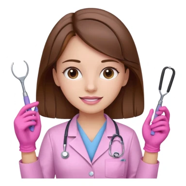 Girl dentist with brown hair and pink gloves and pink scrubs and tools in hand  sticker