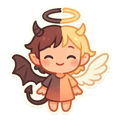 A cute chibi version of a half demon, half angel character, with contrasting wings and a split halo and horn, adorable and colorful sticker