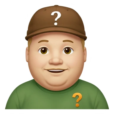 fat man with brown cap and green t shirt printeed a question mark sticker
