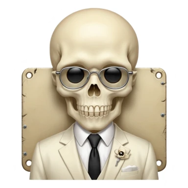 cinematic realistic - Megadeth icon - Megadeth - a politician in an ivory ethereal suit wears a white tie, has a skull instead of a head, and instead of glasses, has a metal plate with screws over his eyes sticker
