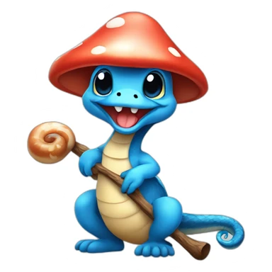  Cute Blue snake NO ears wearing a mushroom cap carrying a stick in one arm standing on two legs sticker