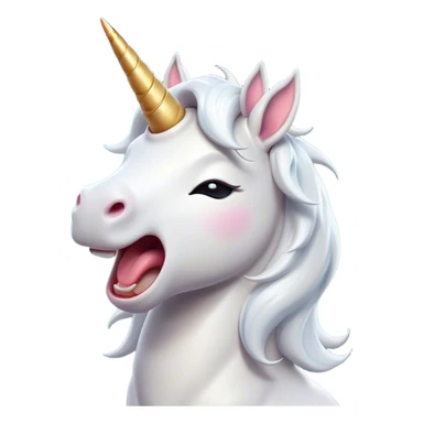 Cinematic Cute Yawning White Unicorn Portrait Emoji, Head tilted slightly with a dramatic, wide-open yawn, showcasing a softly elegant form with a gently cascading mane, a subtly glowing horn and sleepy, half-closed eyes, Simplified yet irresistibly adorable features, highly detailed, glowing with a soft, cozy magical glow, high shine, relaxed yet expressive, stylized with a dash of whimsical enchantment, soft glowing outline, capturing the essence of a drowsy yet affectionate white unicorn that appears ready to stretch and yawn its way out of the screen! sticker