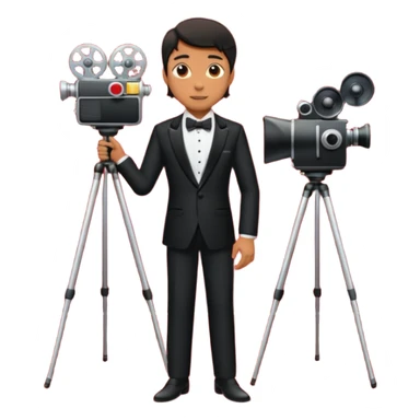 an actor standing on a red carpet with a formal tuxedo, with only one movie camera on a tripod next to him. sticker