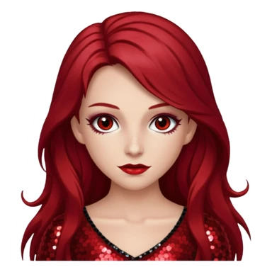 Chappell Roan (b.1998) with long dark red hair, red sequin outfit, makeup sticker