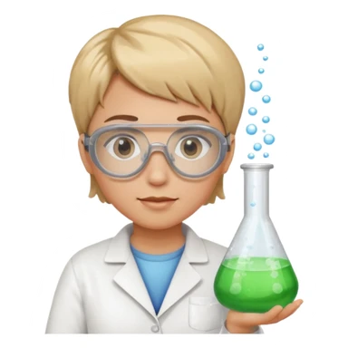 chemist person with very short hair and safety goggles holding a beaker with bubbling liquid sticker