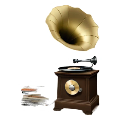 vintage gramophone with stack of vintage vinyl records sticker