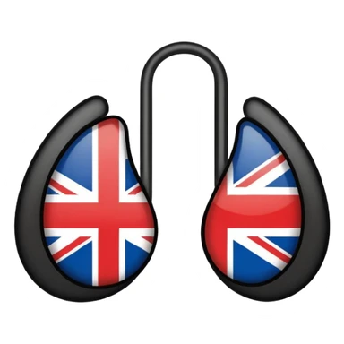 Minimalistic flat vector icon, iOS style, thin black contour on white background. Ear icon with sound waves and small UK/USA flag symbol. Clean, no text, no shadows sticker
