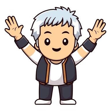 legendary film director with white hair, raising both hands dramatically, expressive face sticker