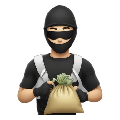 a thief in a black and white T-shirt and a black mask running with a bag of money sticker
