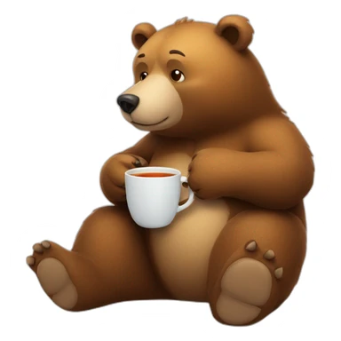 A cartoony bear sitting on floor with a cup of tea motioning for viewer to sit next to him sticker
