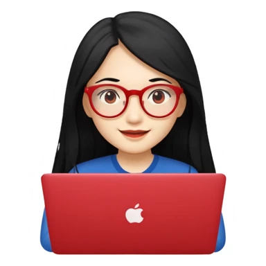 filipino long hair black fair skin with red eyeglasses freelancer with MacBook, smiling. sticker