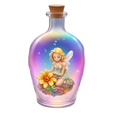 Antique oil heart bottle made of crystal glass of all gentle colors of the light rainbow, a living flower fairy sits at the bottom of the bottle sticker