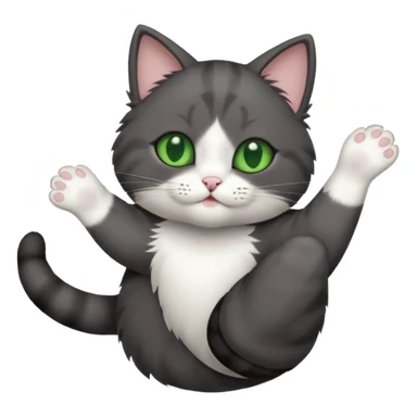 dark grey cat with green eyes, white toes/paws and white patch on her chest playfully rolling upside down sticker