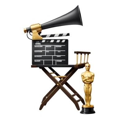 Icon for Directing: a director's chair, a film slate, a megaphone, a stage set with lights, and an Oscar statuette. The icon should represent the creative and leadership aspects of directing, with focus on film and theater production. Transparent background. sticker
