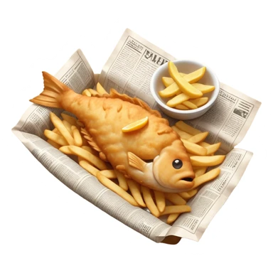 Fish and Chips Cinematic Realistic Fish and Chips Dish Emoji, depicted as a crispy battered fish fillet and golden chips served in traditional newspaper wrapping, rendered with lifelike textures and warm natural lighting that captures its iconic British street food charm  . sticker