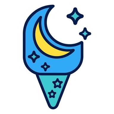 Add a cone with stars to the moonbeam ice cream, keep stylized crescent moon shape, sparkles, and cool tones, emphasizing a sleek and modern look. sticker