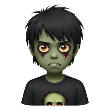 Boy, zombie, black hair, medium long, emo, shaggy, dark, spooky, creepy expression, fringe approximately to the eyebrows height, with Black t-shirt  sticker