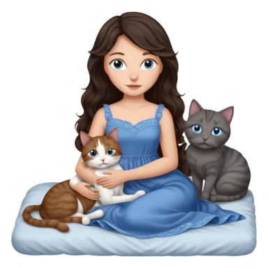 detailed realistic looking a dark grey and white cat regally laying with six other cats, cuddling with their owner in bed who is a pretty bratz lightly tanned white girl with long dark brown hair, blue eyes and gorgeous long wavy hair wearing a pretty detailed dress sticker