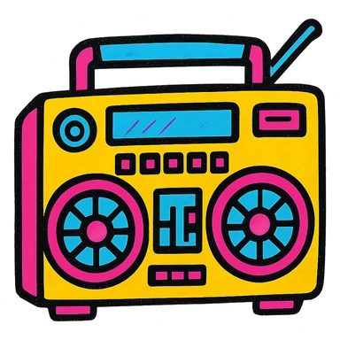 A boombox in Pop Colors style, vibrant and colorful, with a retro feel, bright neon colors, bold outlines, and a playful design sticker