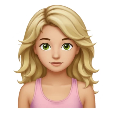 ca you make her hair a 20-year-old girl with long wavy hair brown roots blonde highlights green eyes brown eyebrows good summer tan iPhone emoji style with light pink tank top can you make her hair a little longer please sticker