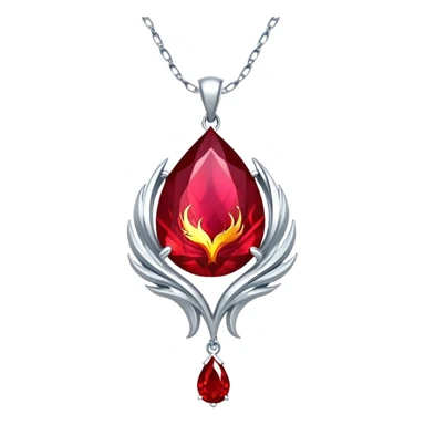 phoenix-inspired ruby pendant with cosmic aura, deep red glow, silver chain undulating like water sticker