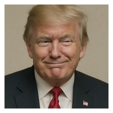 Reduce contrast for a softer look and enhance the very sly, cunning expression on Donald Trump's face, keeping photorealistic quality and plain background. Maintain photorealistic style with a plain background. sticker