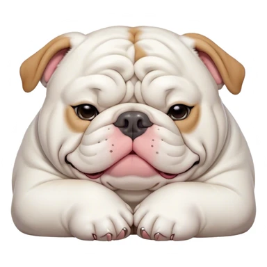Cinematic Meme-Worthy Chubby Sleeping White English Bulldog Portrait Emoji, Head resting peacefully with a contented smile, showcasing a delightfully chubby build and a luxuriously soft pure white coat, eyes shut in a serene nap, Simplified yet hilariously adorable features, highly detailed, glowing with a soft, drowsy light, high shine, relaxed and utterly lovable, stylized with an air of playful laziness, bright and heartwarming, soft glowing outline, capturing the essence of a comically sleepy guardian, so meme-worthy it feels like it could instantly become the next viral sensation of adorable slumber! sticker