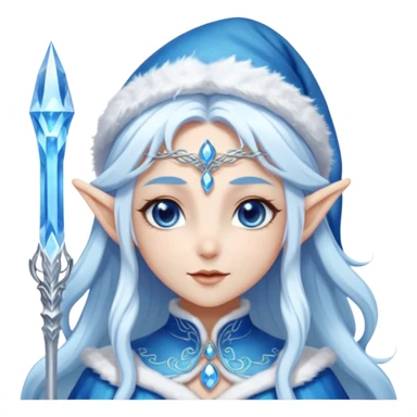Legendary fantasy Christmas elf portrait icon, Santa Claus and Snow Maiden inspired, ancient winter spirit style, long flowing white-blue hair, glowing frost eyes, crystal staff, elegant elven features, divine winter magic aura, icy silver color palette, highly detailed but clean emoji icon sticker