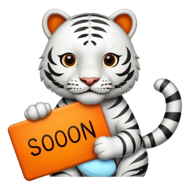 White Tiger. He is holding a sign with SOON - written on it. Let him have 4 paws, not more. sticker