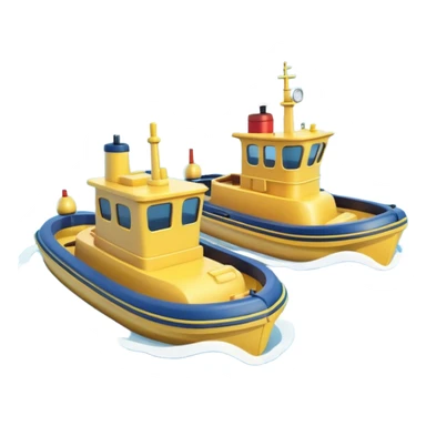 A 3D cartoon tugboat towing another boat on calm blue water, soft waves, clear sky, Memoji-style. sticker