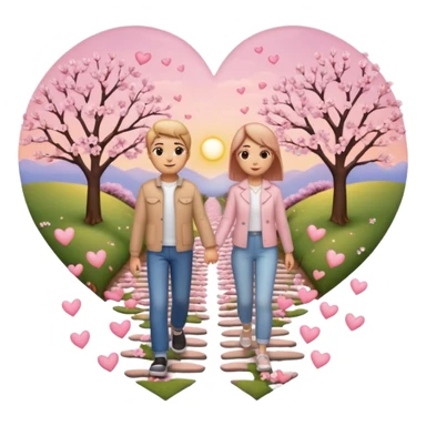 3D emoji-style of two roads merging into one 💞, with cherry blossoms 🌸, floating hearts 💕, soft sunset sky 🌅, and a couple walking hand-in-hand 👩‍❤️‍👨. Romantic and aesthetic vibe sticker