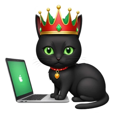 black cat with green eyes and a red crown coding on a laptop which says “cmv” on the back of it sticker