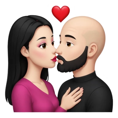 👩🏻‍❤️‍💋‍👨🏻 this one but the man should be bald. white woman with long black hair and white bald young man whoitiut hair and a heart between their heads. she has pink lips and both have brown eyes. he has e full beard but short. both wear black. they kiss slowly sticker